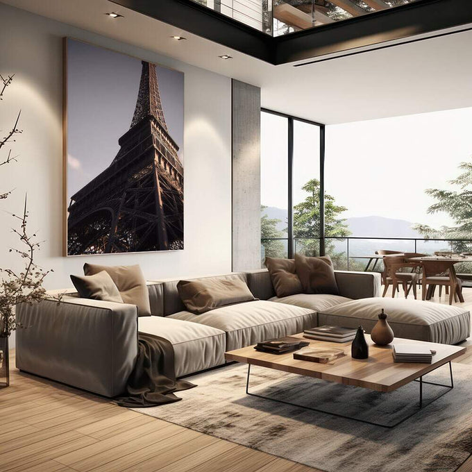 Quadro Decorativo Torre Eiffel Elegante | quadros decorativos | Torre Eiffel estruturada em tons dourados e preto com iluminação dramática | em Quadros para Escritorio | Porao dos Quadros