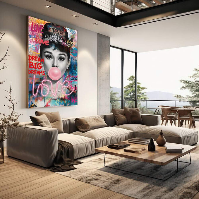 Quadro Decorativo Elegância em Preto e Branco | quadros decorativos | Mulher em preto e branco com chiclete rosa e frases coloridas em estilo pop art urbano | em Quadros para Escritorio | Porao dos Quadros