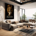 Quadro Decorativo Leão e Cordeiro | quadros decorativos | Leão dourado com cordeiro branco em composição realista sobre fundo preto com frase inspiradora | em Quadros para Escritorio | Porao dos Quadros