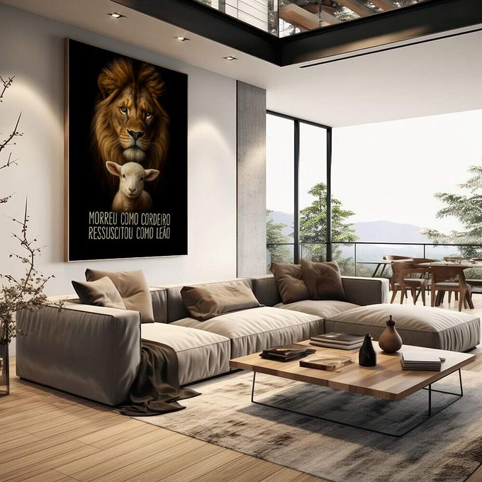 Quadro Decorativo Leão e Cordeiro | quadros decorativos | Leão dourado com cordeiro branco em composição realista sobre fundo preto com frase inspiradora | em Quadros para Escritorio | Porao dos Quadros