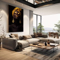 Quadro Decorativo Feminino Elegante | quadros decorativos | Mulher com turbante dourado, pele iluminada e lábios dourados contra fundo preto absoluto. | em Quadros para Escritorio | Porao dos Quadros