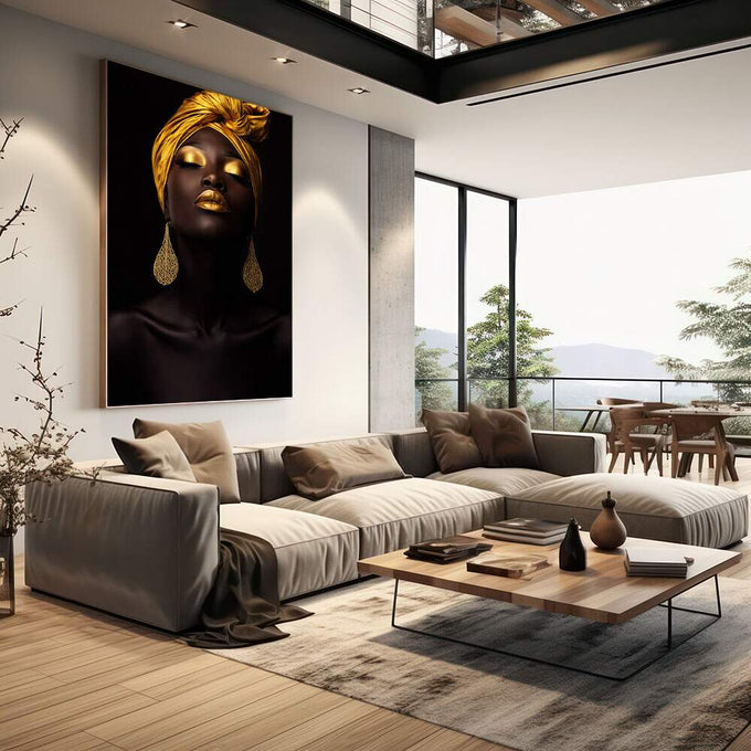 Quadro Decorativo Feminino Elegante | quadros decorativos | Mulher com turbante dourado, pele iluminada e lábios dourados contra fundo preto absoluto. | em Quadros para Escritorio | Porao dos Quadros