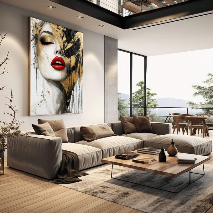 Quadro Decorativo Feminino Elegante com Dourado | quadros decorativos | Mulher com rosto em realismo, lábios vermelhos vibrantes, salpicos de dourado e preto na composição. | em Quadros para Escritorio | Porao dos Quadros
