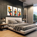 Quadro Decorativo Abstrato Trifásico Colorido | quadros decorativos | Composição abstrata com esferas coloridas, linhas dinâmicas em amarelo, azul e vermelho em 3 telas | em Quadros para Escritorio | Porao dos Quadros