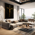 Quadro Decorativo Cristo Dourado em Serenidade | quadros decorativos | Crucifixo dourado em fundo preto com moldura geométrica e acabamento em mármores luxuosos | em Quadros para Escritorio | Porao dos Quadros