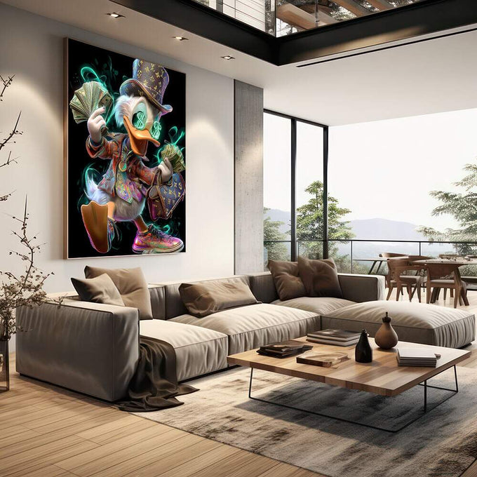 Elegância e Riqueza: Quadro do Pato Luxuoso | quadros decorativos | Pato colorido com chapéu neon, dinheiro nas asas e sapatos estilosos sobre fundo preto | em Quadros para Escritorio | Porao dos Quadros