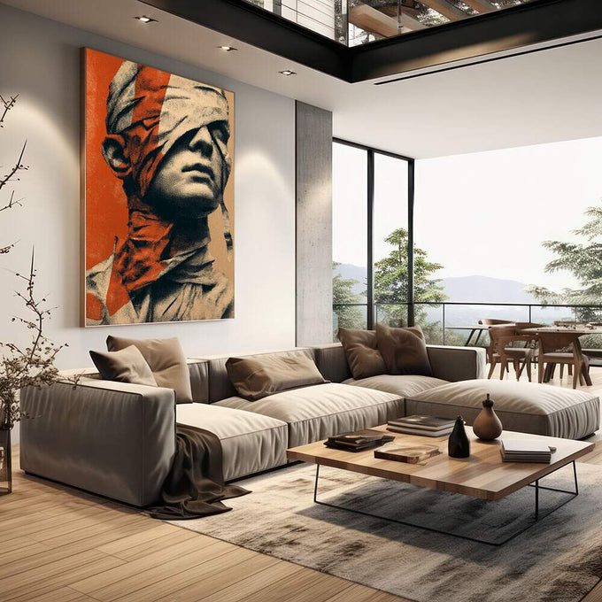 Quadro Decorativo Força em Vulnerabilidade | quadros decorativos | Retrato pop art masculino em laranja, bege e preto com composição marcante | em Quadros para Escritorio | Porao dos Quadros