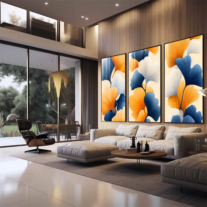 Quadro Decorativo de Flores Abstratas  Elegância em Cores Vibrantes | quadros decorativos | Flores gingko em azul, laranja e branco com textura radiográfica em três telas | em Quadros para Escritorio | Porao dos Quadros