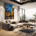 Quadro Decorativo Beleza Noturna | quadros decorativos | Big Ben iluminado sob céu azul noturno com espirais douradas e estrelas brilhantes. | em Quadros para Escritorio | Porao dos Quadros