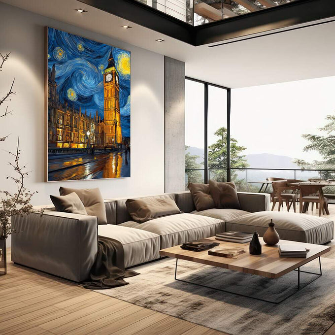 Quadro Decorativo Beleza Noturna | quadros decorativos | Big Ben iluminado sob céu azul noturno com espirais douradas e estrelas brilhantes. | em Quadros para Escritorio | Porao dos Quadros