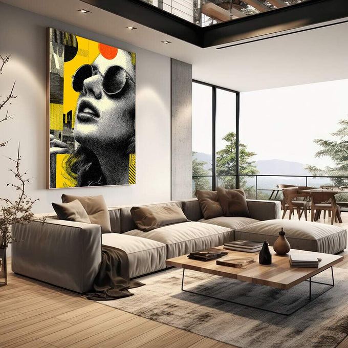 Quadro Decorativo Mulher Sob a Luz Amarela | quadros decorativos | Mulher com óculos redondos em retrato preto e branco com elementos geométricos amarelos vibrantes | em Quadros para Escritorio | Porao dos Quadros