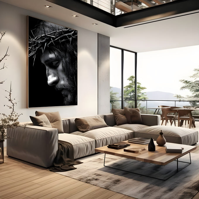 Rosto de Jesus de perfil com coroa de espinhos e olhos fechados em preto e branco, quadro decorativo