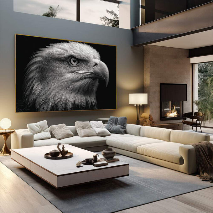 Quadro Decorativo Águia Majestosa | quadros decorativos | Águia em close com cabeça branca e olho intenso em preto e cinza realista | em Quadros para Escritorio | Porao dos Quadros