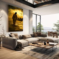 Quadro Decorativo Caminho de Paz e Serenidade | quadros decorativos | Figura religiosa em tons terrosos caminhando em águas douradas com cruz brilhante ao fundo | em Quadros para Escritorio | Porao dos Quadros