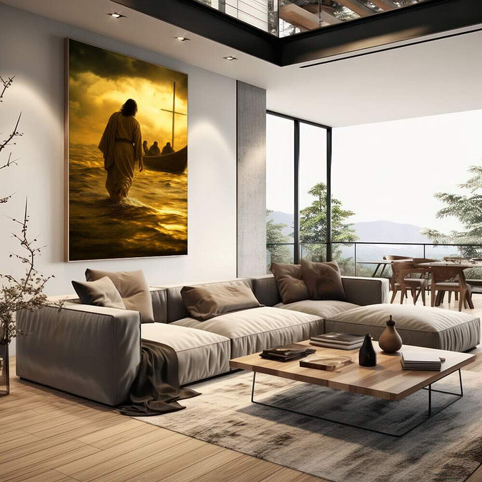 Quadro Decorativo Caminho de Paz e Serenidade | quadros decorativos | Figura religiosa em tons terrosos caminhando em águas douradas com cruz brilhante ao fundo | em Quadros para Escritorio | Porao dos Quadros