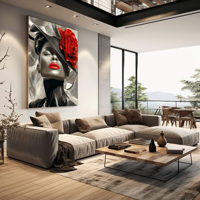 Quadro Decorativo Elegância Abstrata Feminino Estilizado | quadros decorativos | Mulher sofisticada em preto e branco com grande flor vermelha, linhas texturizadas e expressão elegante. | em Quadros para Escritorio | Porao dos Quadros