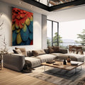Quadro Decorativo Penas Vibrantes | quadros decorativos | Penas texturizadas em vermelho, amarelo e azul com padrões lineares detalhados em composição abstrata | em Quadros para Escritorio | Porao dos Quadros
