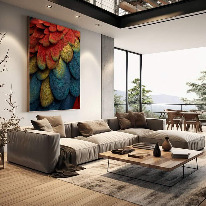 Quadro Decorativo Penas Vibrantes | quadros decorativos | Penas texturizadas em vermelho, amarelo e azul com padrões lineares detalhados em composição abstrata | em Quadros para Escritorio | Porao dos Quadros