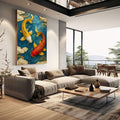 Quadro Decorativo Peixes Koi em Movimento | quadros decorativos | Duas carpas em dourado e vermelho nadam em águas azul profundo com nuvens douradas molduando a cena | em Quadros para Escritorio | Porao dos Quadros