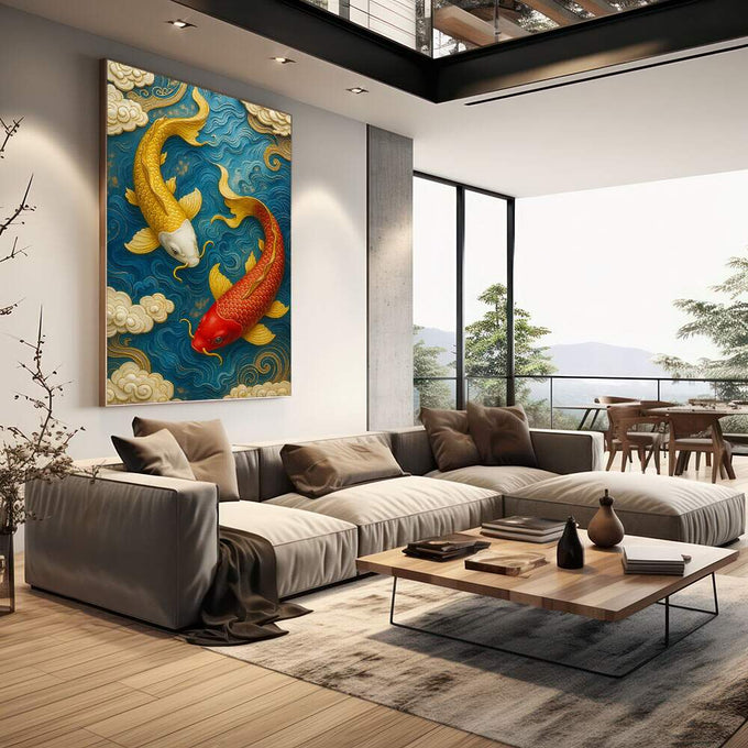 Quadro Decorativo Peixes Koi em Movimento | quadros decorativos | Duas carpas em dourado e vermelho nadam em águas azul profundo com nuvens douradas molduando a cena | em Quadros para Escritorio | Porao dos Quadros