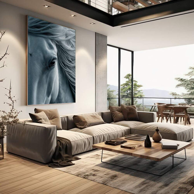 Quadro Decorativo Cavalo Elegante | quadros decorativos | Cavalo cinza em close fotográfico com olhar penetrante e textura de pelagem detalhada | em Quadros para Escritorio | Porao dos Quadros