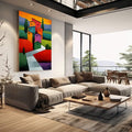 Quadro Decorativo Jornada das Casas Vibrante | quadros decorativos | Casarões coloridos em laranja, rosa e amarelo com paisagem de céu degradê e ciprestes verdes | em Quadros para Escritorio | Porao dos Quadros
