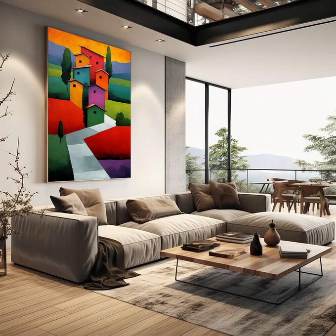 Quadro Decorativo Jornada das Casas Vibrante | quadros decorativos | Casarões coloridos em laranja, rosa e amarelo com paisagem de céu degradê e ciprestes verdes | em Quadros para Escritorio | Porao dos Quadros