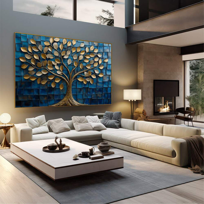 Quadro Decorativo Árvore Dourada em Azul Profundo | quadros decorativos | Árvore com folhas douradas luminosas em fundo azul estruturado e texturizado | em Quadros para Escritorio | Porao dos Quadros
