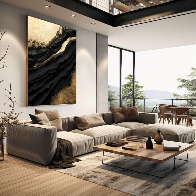 Quadro Decorativo Luxo Ouro e Preto Moderno | quadros decorativos | Composição abstrata com fluxos de preto e dourado em texturas dinâmicas e gestuais | em Quadros para Escritorio | Porao dos Quadros