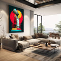 Quadro Majestade Geométrica Moderna | quadros decorativos | Nefertiti em tons azuis e pretos com círculo vermelho-alaranjado sobre fundo verde-escuro em composição geométrica contemporânea | em Quadros para Escritorio | Porao dos Quadros