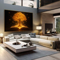 Quadro Decorativo Árvore do Conhecimento | quadros decorativos | Árvore dourada incandescente brotando de livro aberto com folhas voando contra fundo preto | em Quadros para Escritorio | Porao dos Quadros