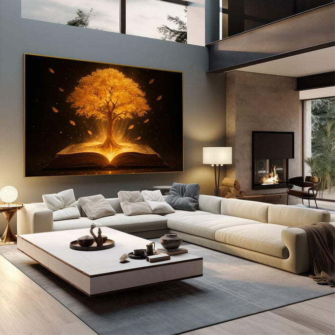 Quadro Decorativo Árvore do Conhecimento | quadros decorativos | Árvore dourada incandescente brotando de livro aberto com folhas voando contra fundo preto | em Quadros para Escritorio | Porao dos Quadros