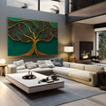 Árvore da vida dourada com galhos rendados em relevo sobre fundo verde esmeralda, quadro decorativo