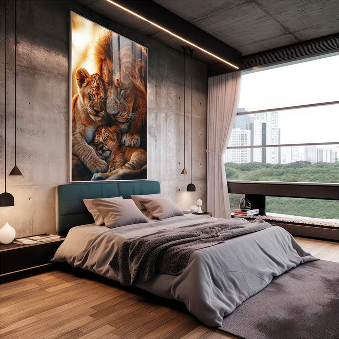 Quadro Decorativo Família de Leões Amor e União | quadros decorativos | Leões adultos com filhotes em tons dourados e castanhos em composição realista familiar. | em Quadros para Escritorio | Porao dos Quadros