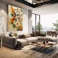 Quadro Decorativo Pássaro Vibrante Minimalista | quadros decorativos | Beija-flor em voo com asas douradas e azuis entre flores brancas, laranjas e bege em relevo tátil. | em Quadros para Escritorio | Porao dos Quadros