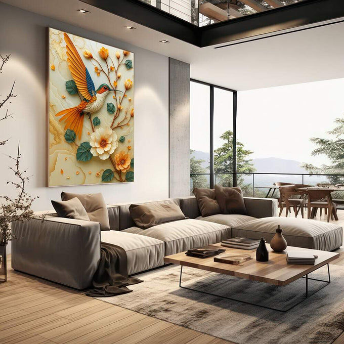 Quadro Decorativo Pássaro Vibrante Minimalista | quadros decorativos | Beija-flor em voo com asas douradas e azuis entre flores brancas, laranjas e bege em relevo tátil. | em Quadros para Escritorio | Porao dos Quadros