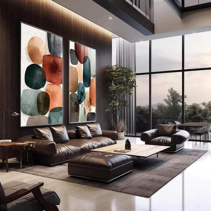 Quadro Decorativo Abstrato Moderno | quadros decorativos | Duas telas com formas abstratas em laranja, azul e cinza em estilo aquarela. | em Quadros para Escritorio | Porao dos Quadros