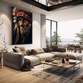 Quadro Decorativo - O Líder Indígena em Arte | quadros decorativos | Retrato indígena com cocar vermelho e dourado em realismo dramatizado com tons quentes e azul profundo. | em Quadros para Escritorio | Porao dos Quadros