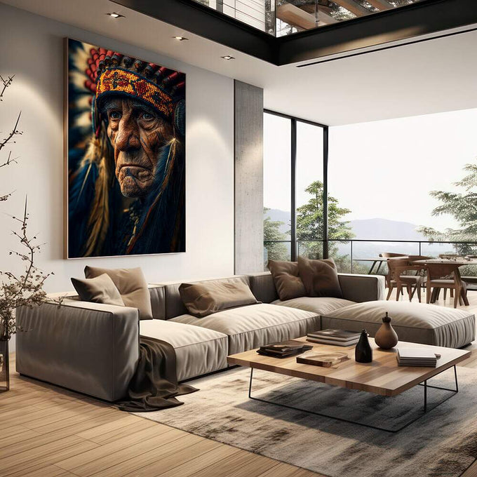 Quadro Decorativo - O Líder Indígena em Arte | quadros decorativos | Retrato indígena com cocar vermelho e dourado em realismo dramatizado com tons quentes e azul profundo. | em Quadros para Escritorio | Porao dos Quadros