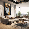 Quadro Decorativo Abstrato da Alma Feminina | quadros decorativos | Rosto geométrico fragmentado em dourado, branco e preto em composição minimalista e sofisticada | em Quadros para Escritorio | Porao dos Quadros