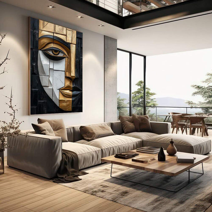 Quadro Decorativo Abstrato da Alma Feminina | quadros decorativos | Rosto geométrico fragmentado em dourado, branco e preto em composição minimalista e sofisticada | em Quadros para Escritorio | Porao dos Quadros