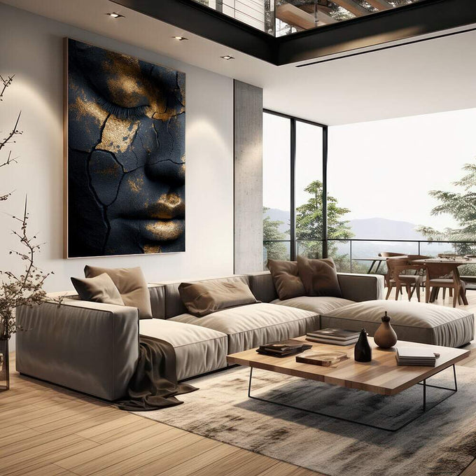 Quadro Decorativo Face Abstrata Dourada | quadros decorativos | Rosto texturizado em preto e dourado com efeito craquelado e detalhes luminosos | em Quadros para Escritorio | Porao dos Quadros