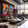 Quadro Decorativo Clássico e Vibrante | quadros decorativos | Dois bustos clássicos gregos em cinza sobre fundo vibrante com cores pop art magenta, azul, laranja e amarelo. | em Quadros para Escritorio | Porao dos Quadros