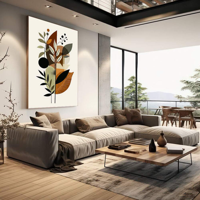 Quadro Decorativo Botânico com Toque Minimalista | quadros decorativos | Composição floral abstrata com folhas em tons bege, marrom e preto formando arranjo vertical sofisticado | em Quadros para Escritorio | Porao dos Quadros