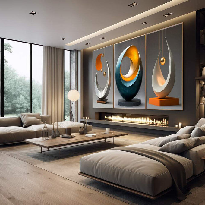 Conjunto Abstrato de Quadros Fluídos - Movimento e Elegância em 3 Peças | quadros decorativos | Três painéis abstratos com formas ovais e anéis brilhantes em laranja, azul e branco | em Quadros para Escritorio | Porao dos Quadros