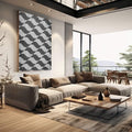 Quadro Decorativo Geometria Fluida | quadros decorativos | Padrão geométrico chevron em cinza e branco com textura de malha em moldura de madeira. | em Quadros para Escritorio | Porao dos Quadros
