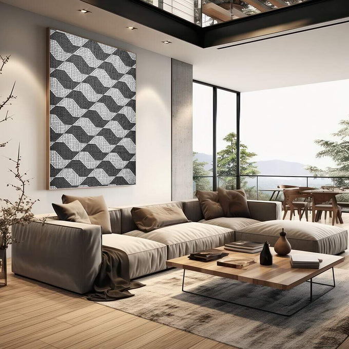 Quadro Decorativo Geometria Fluida | quadros decorativos | Padrão geométrico chevron em cinza e branco com textura de malha em moldura de madeira. | em Quadros para Escritorio | Porao dos Quadros