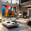 Saxofonista de jazz em preto e branco com piano e blocos vermelho, azul e laranja, quadro decorativo