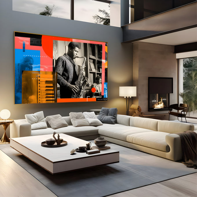 Saxofonista de jazz em preto e branco com piano e blocos vermelho, azul e laranja, quadro decorativo