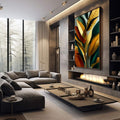 Quadro Decorativo Naturaleza: Arte Orgânica e Vibrante | quadros decorativos premium | Folhas tropicais estilizadas em amarelo, verde e dourado com composição moderna e dinâmica | em ambiente 4 | Porao dos Quadros